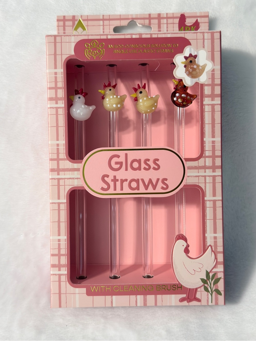 Glass Straws with Decorative Chicken Toppers - Pink Packaging